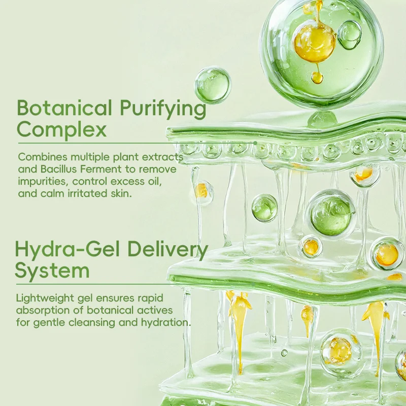 Illustration of botanical purifying complex and hydra-gel delivery system with green gel and botanical extracts.